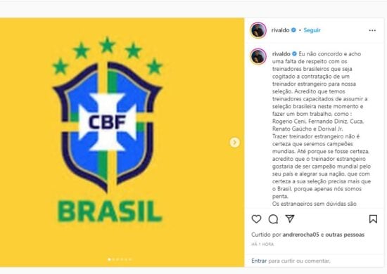 Rivaldo usou suas redes sociais para se posicionar - Foto: Reprodução/Instagram@rivaldo