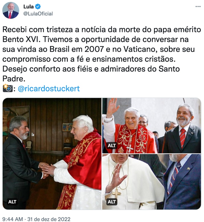 Lula divulgou mensagem sobre a morte de Bento XVI - Foto: Reprodução/Twitter @lula