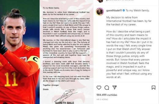 Bale fez uma carta de despedida à seleção galesa - Foto: Reprodução/Instagram@