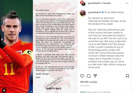 Bale fez uma carta de despedida à seleção galesa - Foto: Reprodução/Instagram@