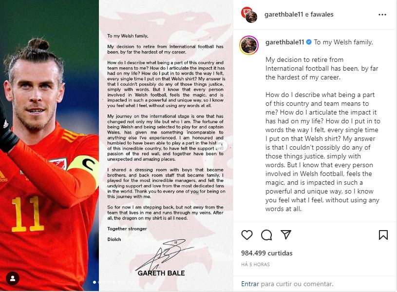 Bale fez uma carta de despedida à seleção galesa - Foto: Reprodução/Instagram@