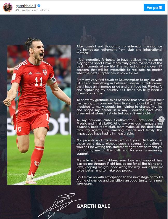 Bale fez carta de despedida em suas redes sociais - Foto: Reprodução/Intagram@garethbale11