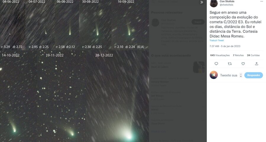 Cometa C/2022 E3 (ZTF) passará novamente próximo da terra - Foto: Reprodução/Twitter@vivstoitsis