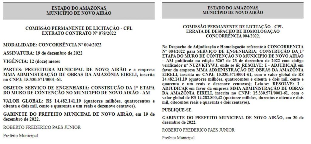 Extrato do contrato do murto de contenção de Novo Airão - Foto: Reprodução/Diário Oficial dos Municípios