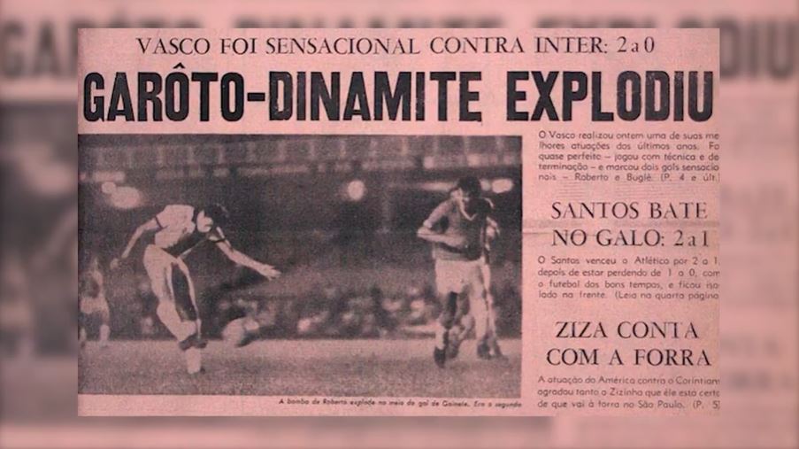 Dinamite marcou seu primeiro gol como profissional diante do Internacional, em 1971 - Foto: Reprodução/Twitter@vascodagama