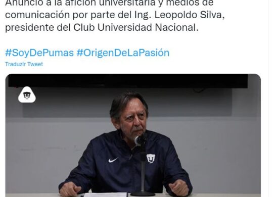 A decisão foi divulgada nesta sexta (20) pelo presidente do clube, Leopoldo Silva - Foto: Reprodução/Twitter@PumasMX