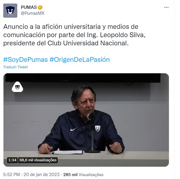 A decisão foi divulgada nesta sexta (20) pelo presidente do clube, Leopoldo Silva - Foto: Reprodução/Twitter@PumasMX