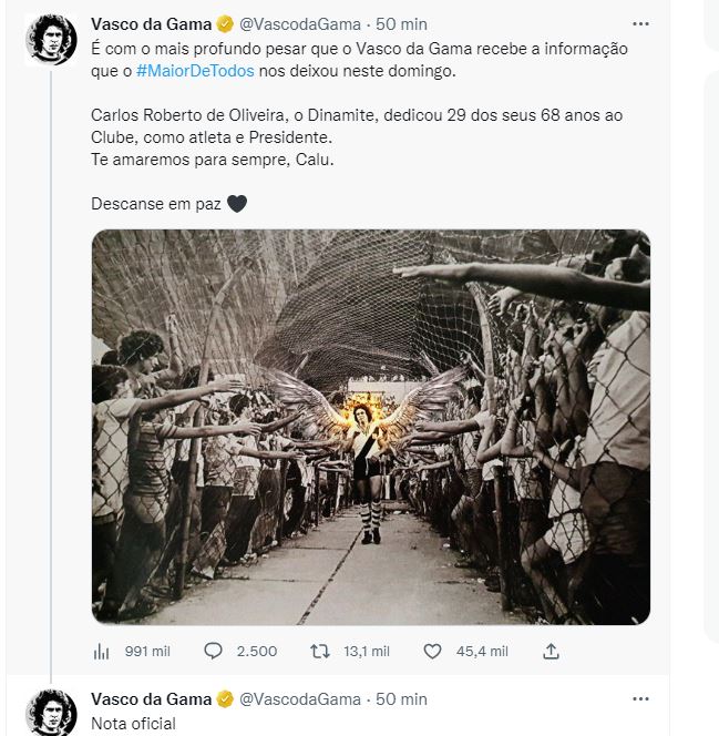 Vasco lamentou a morte de Roberto Dinamite nas redes sociais - Foto: Reprodução/Twitter@vascodagama