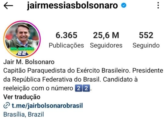 Bio de Bolsonaro no instagram - Foto: Reprodução/Twitter/@jairbolsonaro