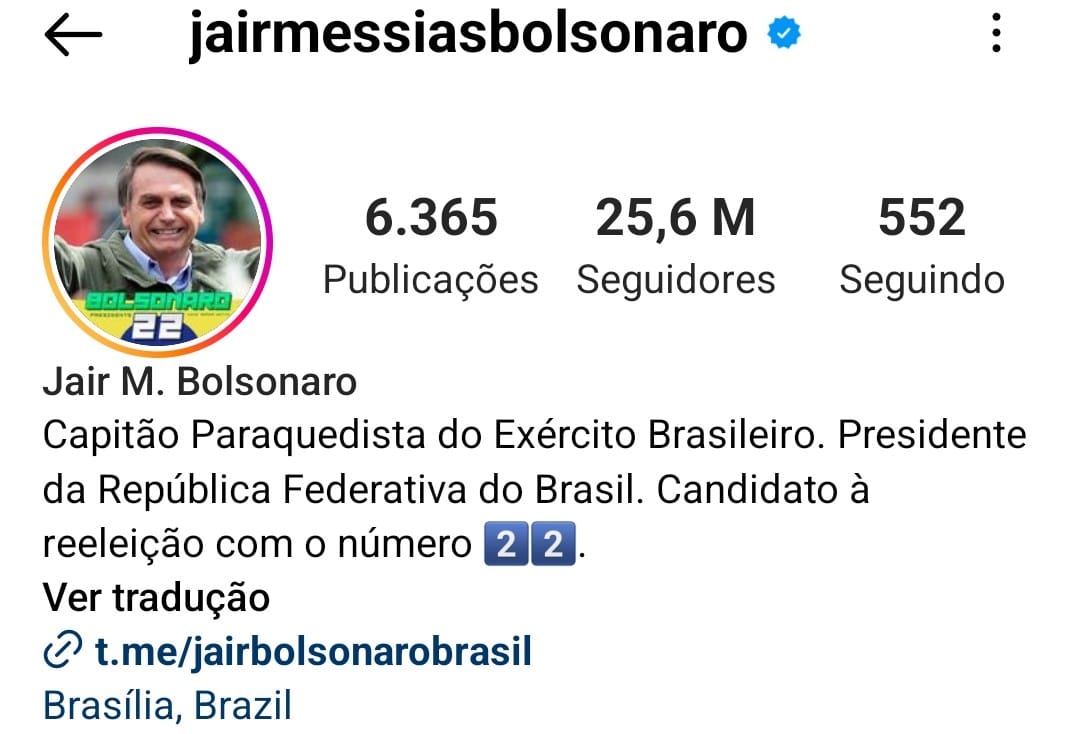 Bio de Bolsonaro no instagram - Foto: Reprodução/Twitter/@jairbolsonaro