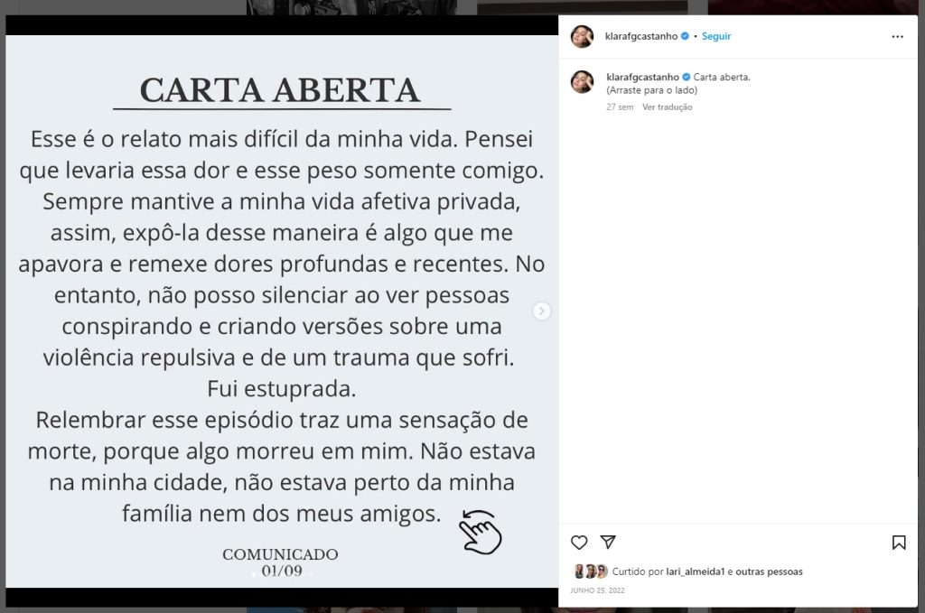 Declaração foi postada no perfil da atriz Klara Castanho em junho de 2022 - Foto: Reprodução/Instagram @klarafgcastanho