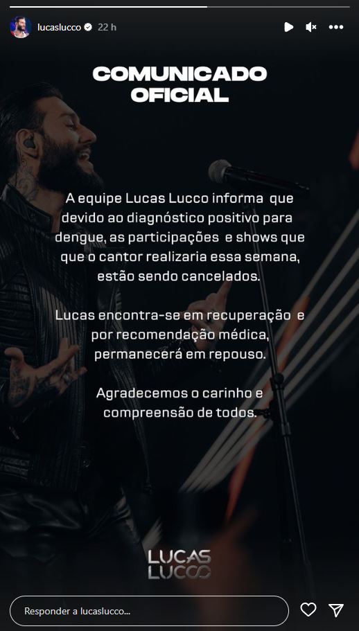 Comunicado feito pela assessoria de Lucas Lucco - Foto: Reprodução/Stories Instagram @lucaslucco