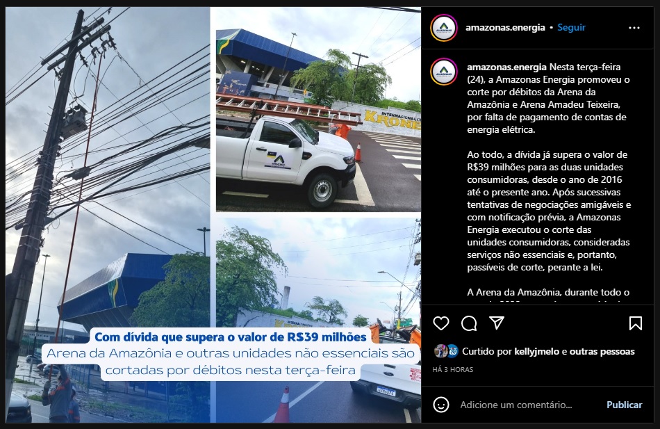 Corte de energia da Arena da Amazônia foi divulgado nas redes sociais da concessionária - Foto: Reprodução/Instagram @amazonas.energia