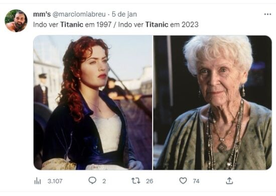 Retorno de Titanic aos cinemas provoca "avalanche" de memes no Twitter - Foto: Reprodução @marciomiabreu