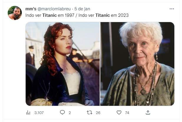 Retorno de Titanic aos cinemas provoca "avalanche" de memes no Twitter - Foto: Reprodução @marciomiabreu