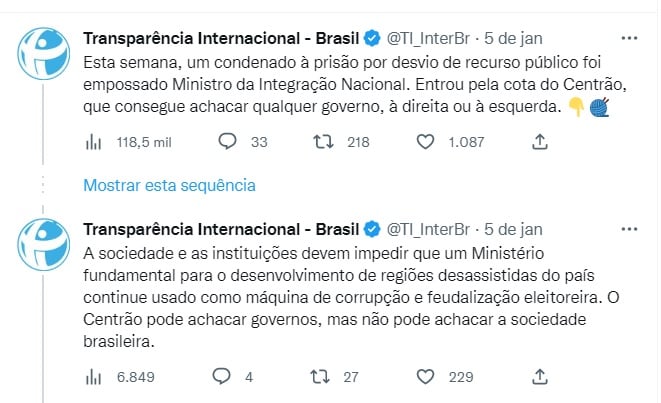 Tuíte de ONG critica posse de Waldez Góes como ministro - Foto: Reprodução/Twitter @TI_InterBr
