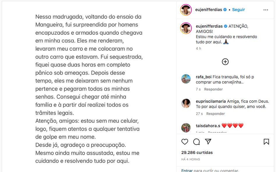 Atriz Jeniffer Dias sofre sequestro-relâmpago no Rio de Janeiro ...
