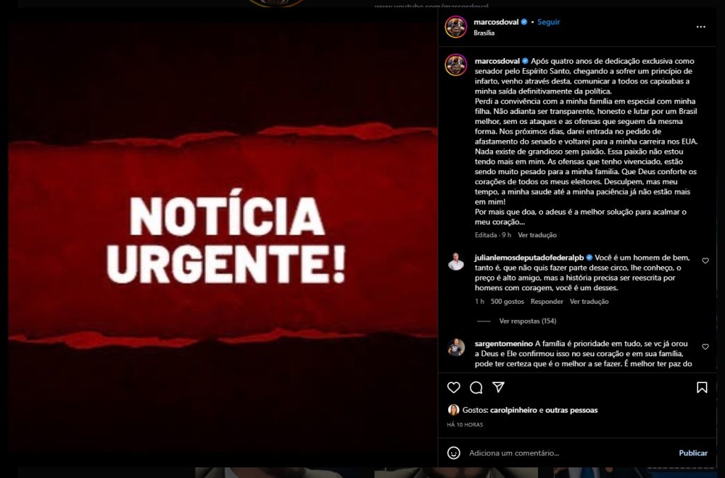 Após divulgação sobre coação e possível golpe, senador fez postagem nas redes sociais informando a renúncia do mandato - Foto: Reprodução/Instagram @marcosdoval