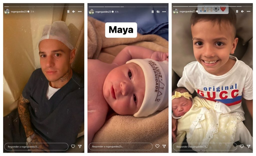 Artilheiro do Corinthians no Paulistão fez postagens anunciando a chegada da filha Maya - Foto: Reprodução/Instagram@rogerguedes23