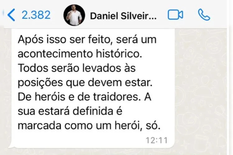 Daniel Silveira enviou mensagens sobre possível golpe para senador Marcos do Val - Foto: Reprodução/WhatsApp