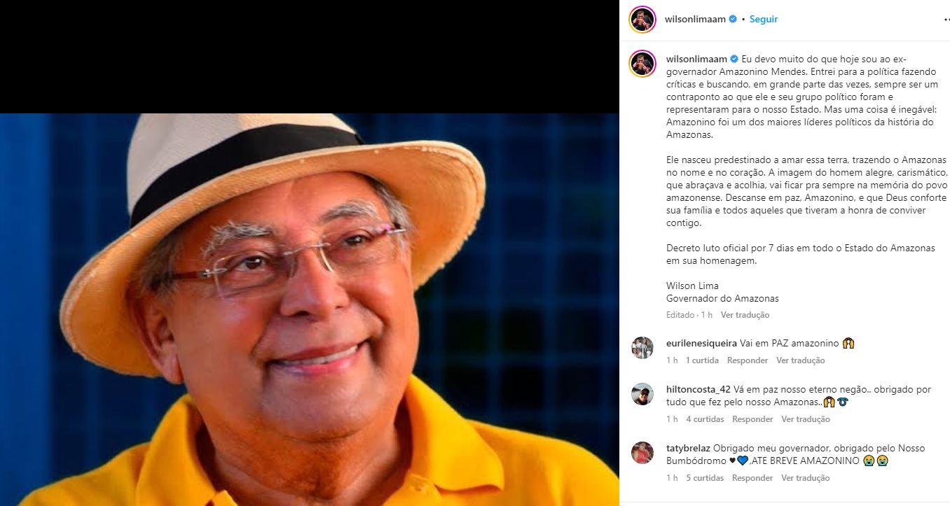 Wilson Lima homenageia Amazonino Mendes em rede social - Foto: Reprodução/Instagram @wilsonlimaam