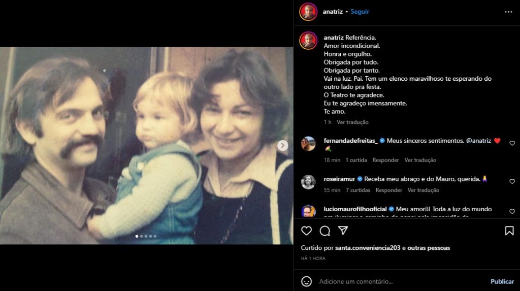 Filha do ator Antônio Pedro comunicou a morte do pai no Instagram - Foto: Reprodução/Instagram @anatriz