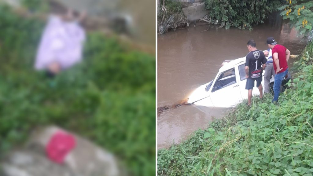 Homem perde controle e carro modelo Fiat Uno caiu em igarapé - Foto: Reprodução/WhatsApp