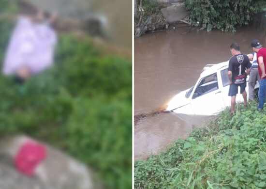 Homem perde controle e carro modelo Fiat Uno caiu em igarapé - Foto: Reprodução/WhatsApp