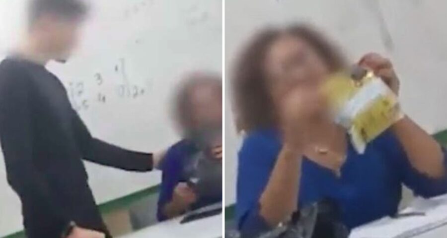 Professora fica visivelmente constrangida ao receber pacote com esponja de aço - Foto: Reprodução/SBT News