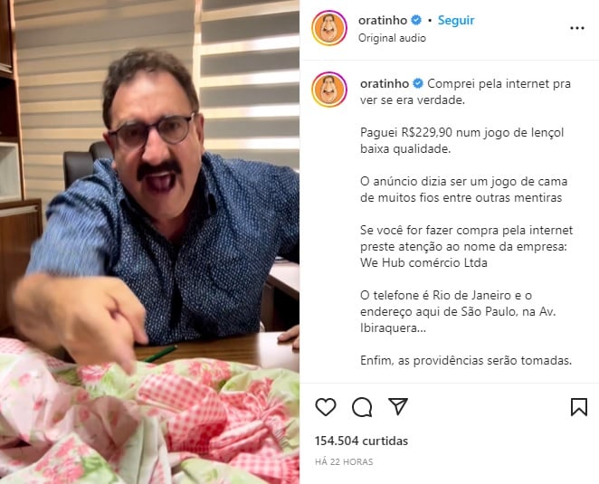 Ratinho se revolta ao revelar golpe do lençol - Foto: Reprodução/Instagram @oratinho