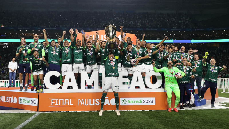 Palmeiras conquista o Campeonato Paulista 2023 contra o Água Santa por 4 a 0. Assim segue invicto no Paulistão. Foto: Reprodução/ Cesar Greco/Palmeiras/by Canon