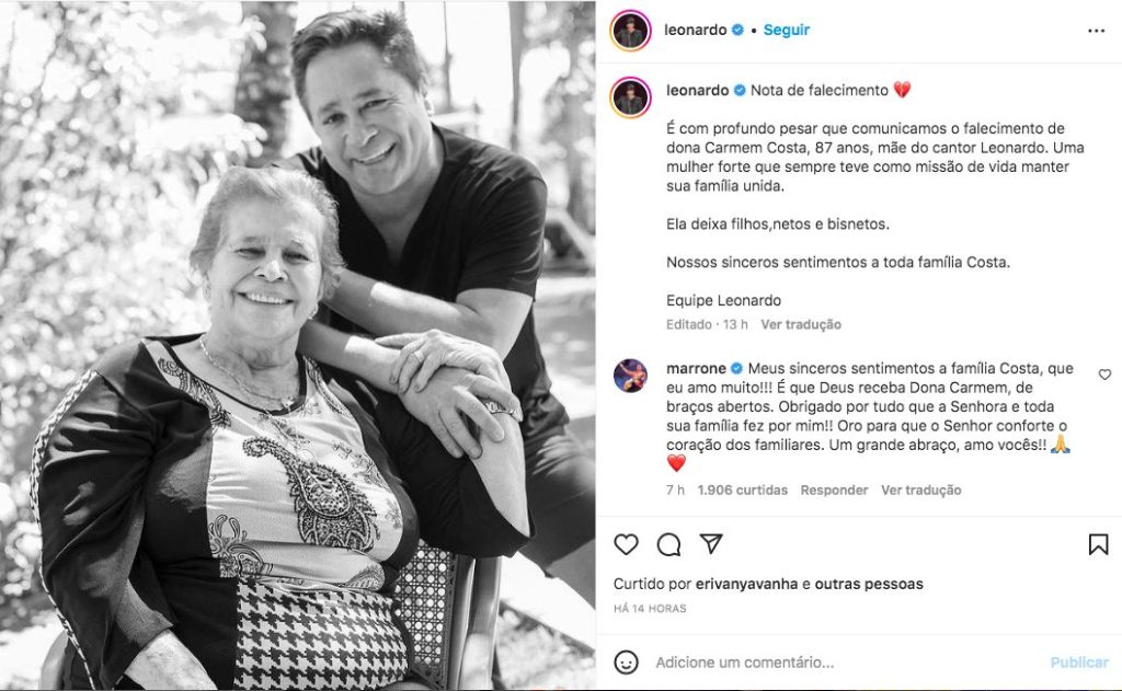 Leonardo e sua mãe Dona Carmem Costa - Foto: Reprodução Instagram @leonardo