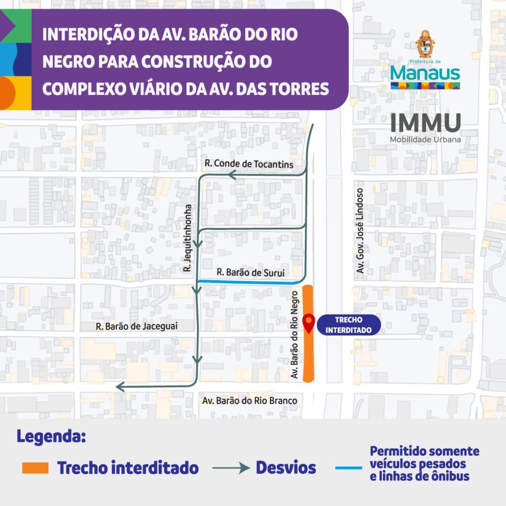 Interdição da rua Barão do Rio Negro em Manaus - Ilustração: Karol Silva / IMMU