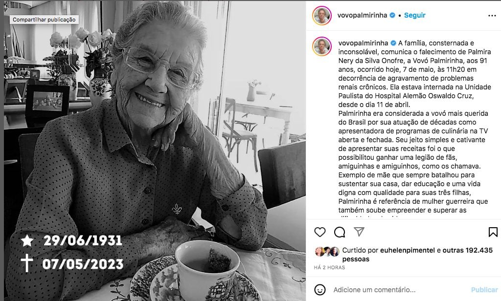 Comunicado sobre a morte da Palmirinha - Foto: Reprodução/Instagram@vovopalmirinha