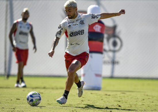 Arrascaeta treinou com bola neste sábado (20), no CT do Ninho do Urubu, em Vargem Grande – Foto: Marcelo Cortes/CRF/divulgação