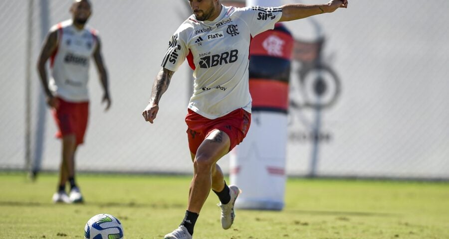 Arrascaeta treinou com bola neste sábado (20), no CT do Ninho do Urubu, em Vargem Grande – Foto: Marcelo Cortes/CRF/divulgação