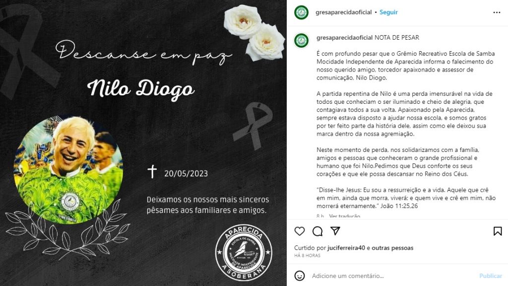 Nilo Diogo - Nota de pesar da Escola de Samba Aparecida - Foto: Reprodução/Instagram @gresaparecidaoficial governador Wilson Lima - Foto: Reprodução/Stories Instagram @wilsonlimaam