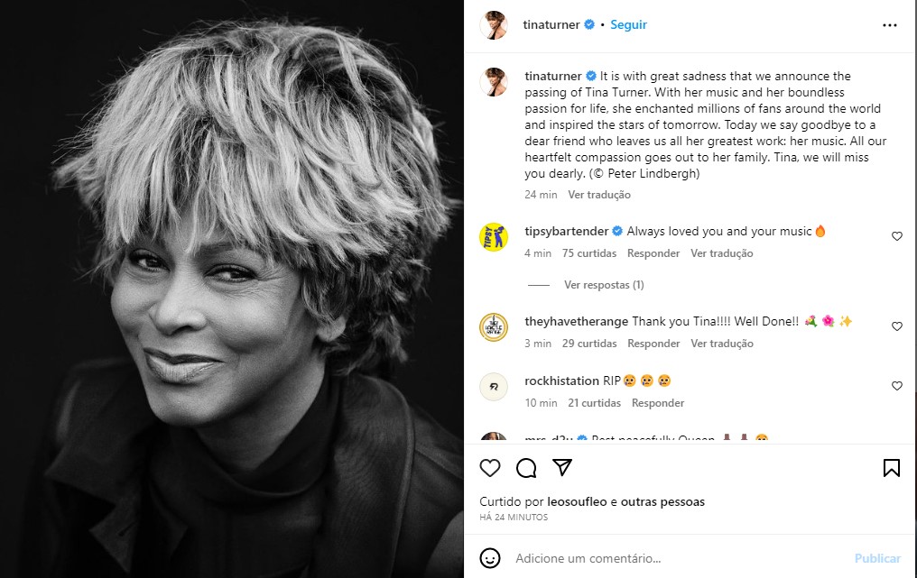 Comunicado de falecimento de Tina Turner no Instagram - Foto: Reprodução/Instagram @TinaTurner