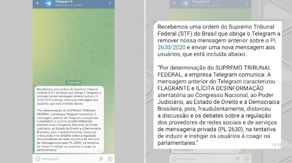 Telegram remove a mensagem contra o projeto de lei das fakenews. Foto: Reprodução/ TV Norte Amazonas.
