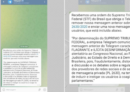 Telegram remove a mensagem contra o projeto de lei das fakenews. Foto: Reprodução/ TV Norte Amazonas.