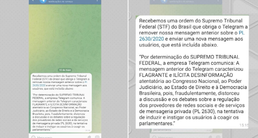 Telegram remove a mensagem contra o projeto de lei das fakenews. Foto: Reprodução/ TV Norte Amazonas.