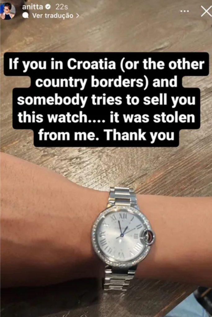 Anitta revela que seu quarto foi invadido e seu relógio roubado- Foto: Reprodução/ Instagram@anitta