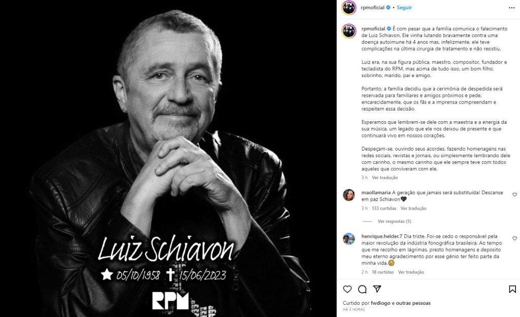 Luiz Schiavon vinha lutando bravamente contra uma doença autoimune há 4 anos - Foto: Reprodução/ Instagram@rpmoficial