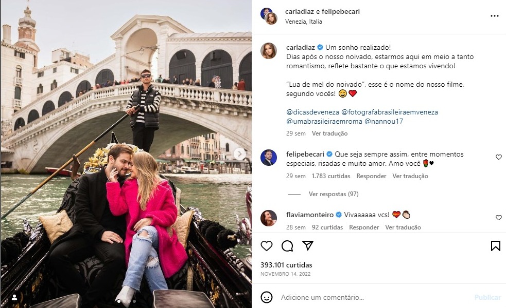 Além do anel, viagem do casal à Itália dias após o noivado também é investigada - Foto: Reprodução/Instagram @CarlaDiaz