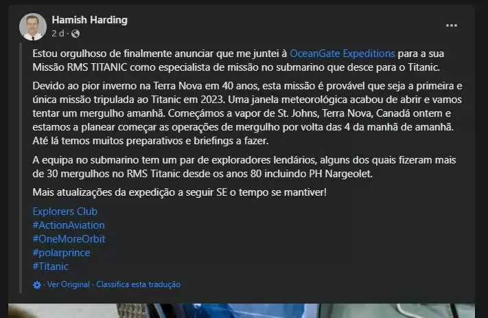 Post de Hamish Harding antes do passeio com submarino - Foto: Reprodução/Facebook @hamishharding