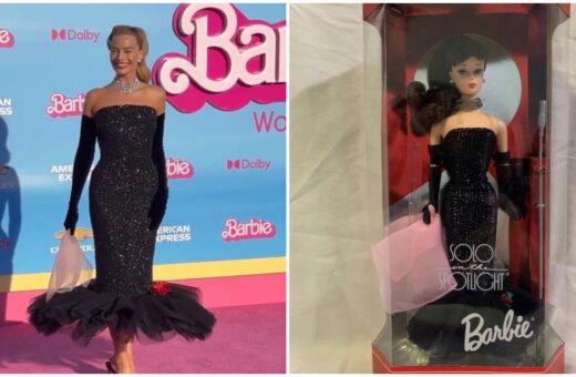 Atriz Margot Robbie usa vestido de barbie antiga em pré-estreia do filme