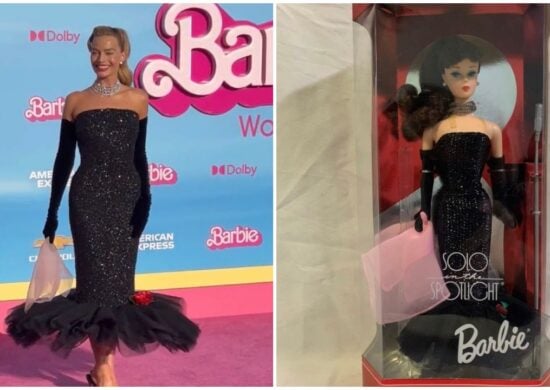 Atriz Margot Robbie usa vestido de barbie antiga em pré-estreia do filme