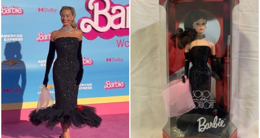 Atriz Margot Robbie usa vestido de barbie antiga em pré-estreia do filme