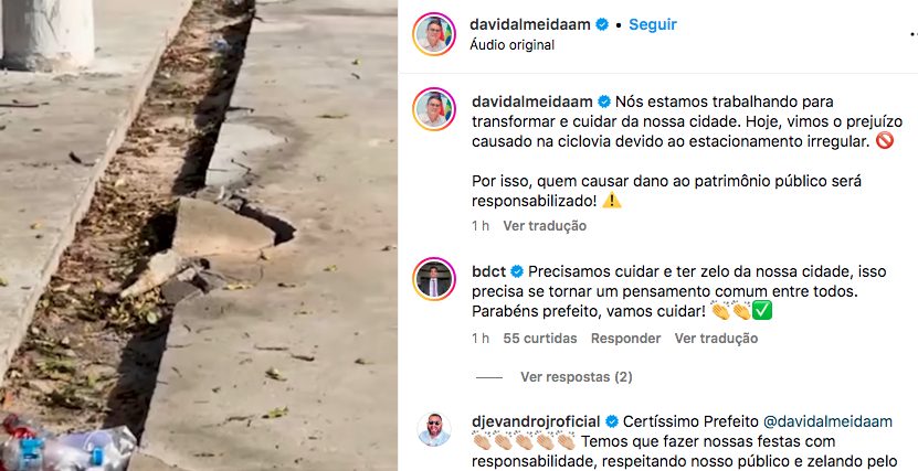 O prefeito de Manaus postou sobre a irregularidades na Ponta Negra - Foto: Reprodução/Instagram@davidalmeidaam