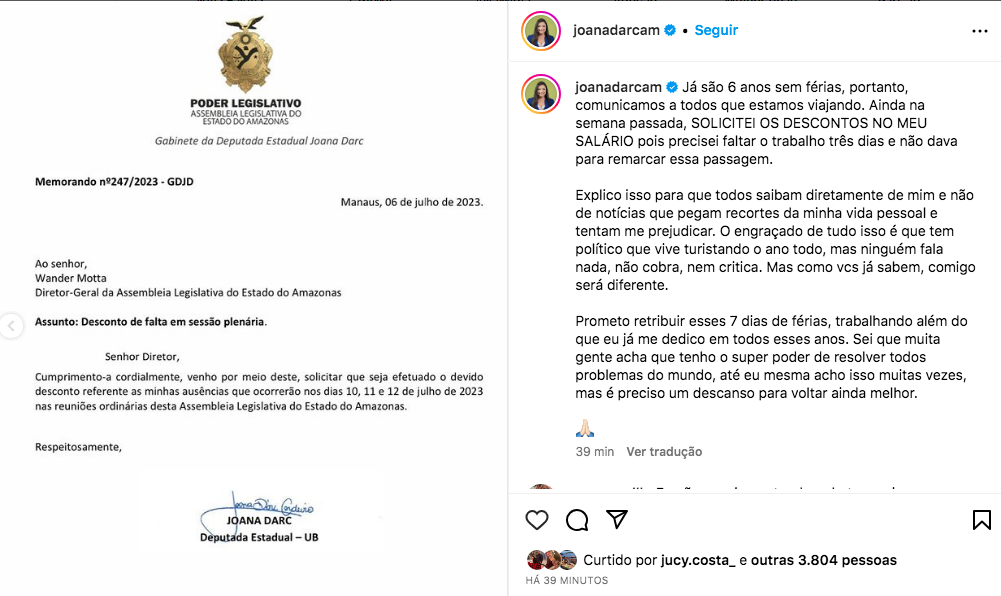 Pronunciamento da deputada nas redes sociais - Foto: Reprodução/Instagram@joanadarcam